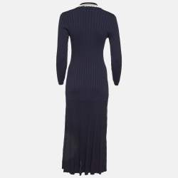 Pre Owned Sandro Navy Blue Rib Knit Crochet Lace Trimmed Midi Dress M