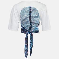 Pre Owned Sandro White/Blue Floral Print Cotton Knit and Crepe Ruched Top S