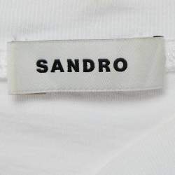 Pre Owned Sandro White/Blue Floral Print Cotton Knit and Crepe Ruched Top S