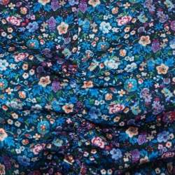 Pre Owned Sandro White/Blue Floral Print Cotton Knit and Crepe Ruched Top S