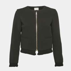 Sandro Black Crepe Ruffled Zip-Up Blazer S