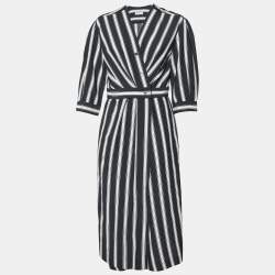 Sandro Black/White Stripe Print Viscose Wrap Midi Dress L