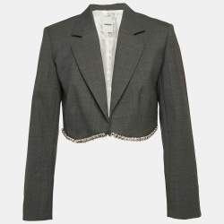 Sandro Grey Crystal Embellished Wool-Blend Crop Blazer S