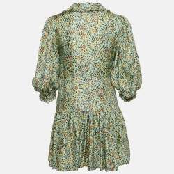 Pre Owned Sandro Green Flowering Print Silk Chelsea Collar Mini Dress S