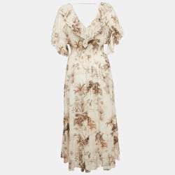 Pre Owned Sandro Beige Printed Crepe Marro Ruffled Midi Dress M