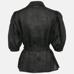 Pre Owned Sandro Black Ramie Belted Button Front Blouse M