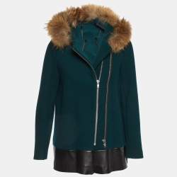 Pre Owned Sandro Green Wool Blend Detachable Fur Hooded Zip-Up Coat M
