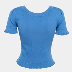 Pre Owned Sandro Blue Stretch Knit Eyelet Quincy Top S