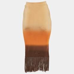 Sandro Beige/Orange Ombre Stretch Knit Fringed Midi Skirt S