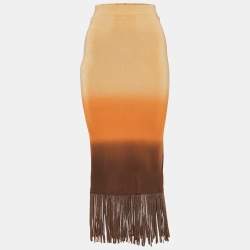 Sandro Beige/Orange Ombre Stretch Knit Fringed Midi Skirt S