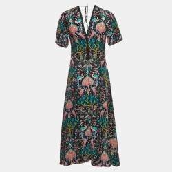 Pre Owned Sandro Multicolor Printed Crepe Jacquard Lace Trim Detail Midi Dress S