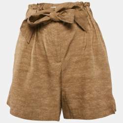 Sandro Caramel Brown Slubbed Silk Blend Tie-Up Waist Detail Shorts M