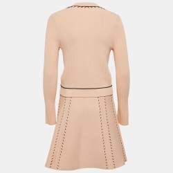 Pre Owned Sandro Peach Contrast Stitch Stretch Knit Eglantine Skirt and Cardigan Set S/M