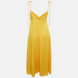 Sandro Yellow Crepe Shoulder Tie-Up Detail Gathered Praline Midi Dress M