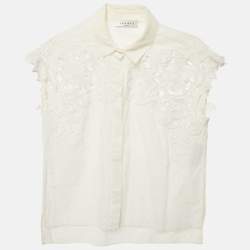 Sandro White Cotton Floral Lace Trimmed Button Front Blouse S