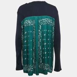 Pre Owned Sandro Navy Blue/Green Jersey and Paisley Print Plisse Full Sleeve Top L