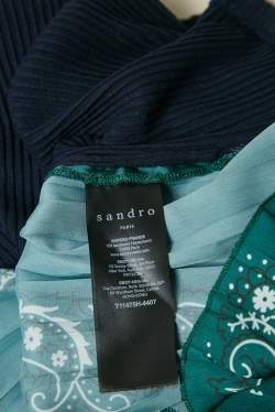 Pre Owned Sandro Navy Blue/Green Jersey and Paisley Print Plisse Full Sleeve Top L