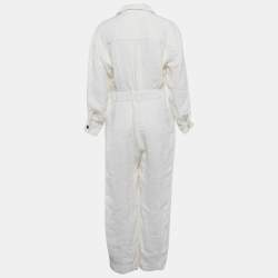 Pre Owned Sandro White Seersucker Long Sleeve Jumpsuit M