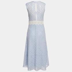 Pre Owned Sandro Blue Corded Lace Semi Sheer Midi Dress M