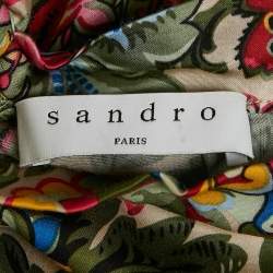 Sandro Multicolor Floral Print Sateen Tie-Up Neck Detail Midi Dress S