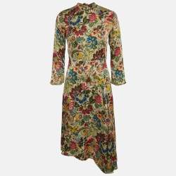 Sandro Multicolor Floral Print Sateen Tie-Up Neck Detail Midi Dress S