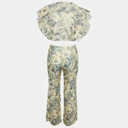 Sandro Cream Floral Print Linen Blend Cropped Top & Pants Set M