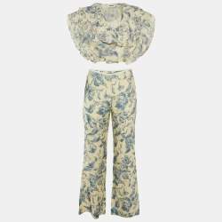 Sandro Cream Floral Print Linen Blend Cropped Top & Pants Set M