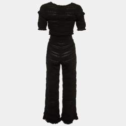Pre Owned Sandro Black Crochet Knit Crop Top & Pants Set S