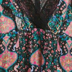 Pre Owned Sandro Multicolor Printed Ruffled Lace Trim Detail Mini Dress L