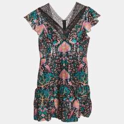 Pre Owned Sandro Multicolor Printed Ruffled Lace Trim Detail Mini Dress L