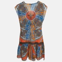 Pre Owned Sandro Blue/Orange Paisley Print Crepe and Lace Trim Mini Dress XS