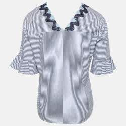 Sandro Blue Striped Cotton Neck Detail Blouse S