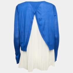 Sandro Blue/White Wool Knit and Chiffon Pleated Top S