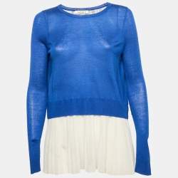 Sandro Blue/White Wool Knit and Chiffon Pleated Top S