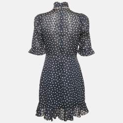 Pre Owned Sandro Navy Blue Polka Dot Print Lurex Crepe Neck Embellish Detail Mini Dress M