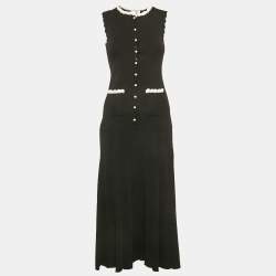 Sandro Black Crochet Trim Pleated Knit Long Dress S