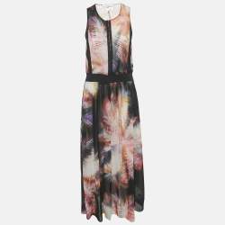 Sandro Pink Printed Silk and Rib Knit Trim Maxi Dress S