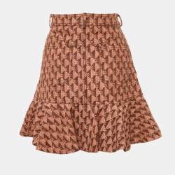  Sandro Salmon Pink Monogram Detail Denim Ruffled Hem Mini Skirt M