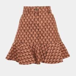  Sandro Salmon Pink Monogram Detail Denim Ruffled Hem Mini Skirt M