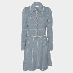 Sandro Blue Textured Stripe Stretch Knit Cardigan and Skirt Set S