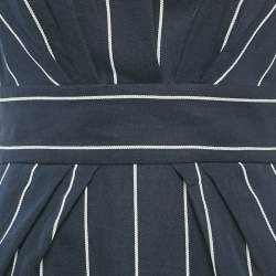 Sandro Navy Blue Striped Cotton & Linen Pleated Detail Mini Dress S