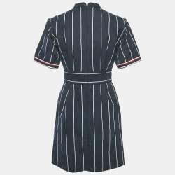 Sandro Navy Blue Striped Cotton & Linen Pleated Detail Mini Dress S