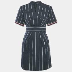 Sandro Navy Blue Striped Cotton & Linen Pleated Detail Mini Dress S