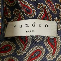 Pre Owned Sandro Navy Blue & Red Paisley Printed Silk High Neck Maxi Dress XS