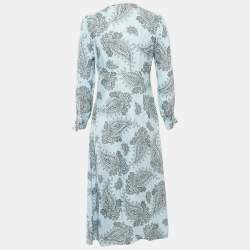 Sandro Blue Printed Sateen V-Neck Midi Dress M