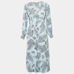 Sandro Blue Printed Sateen V-Neck Midi Dress M
