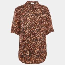 Sandro Brown Leopard Print Silk Short Sleeve Shirt L