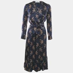 Pre Owned Sandro Navy Blue Oriental Tiger Print Satin Silk Wrap Dress S