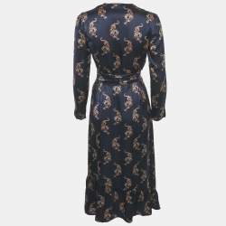 Pre Owned Sandro Navy Blue Oriental Tiger Print Satin Silk Wrap Dress S