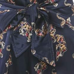 Pre Owned Sandro Navy Blue Oriental Tiger Print Satin Silk Wrap Dress S